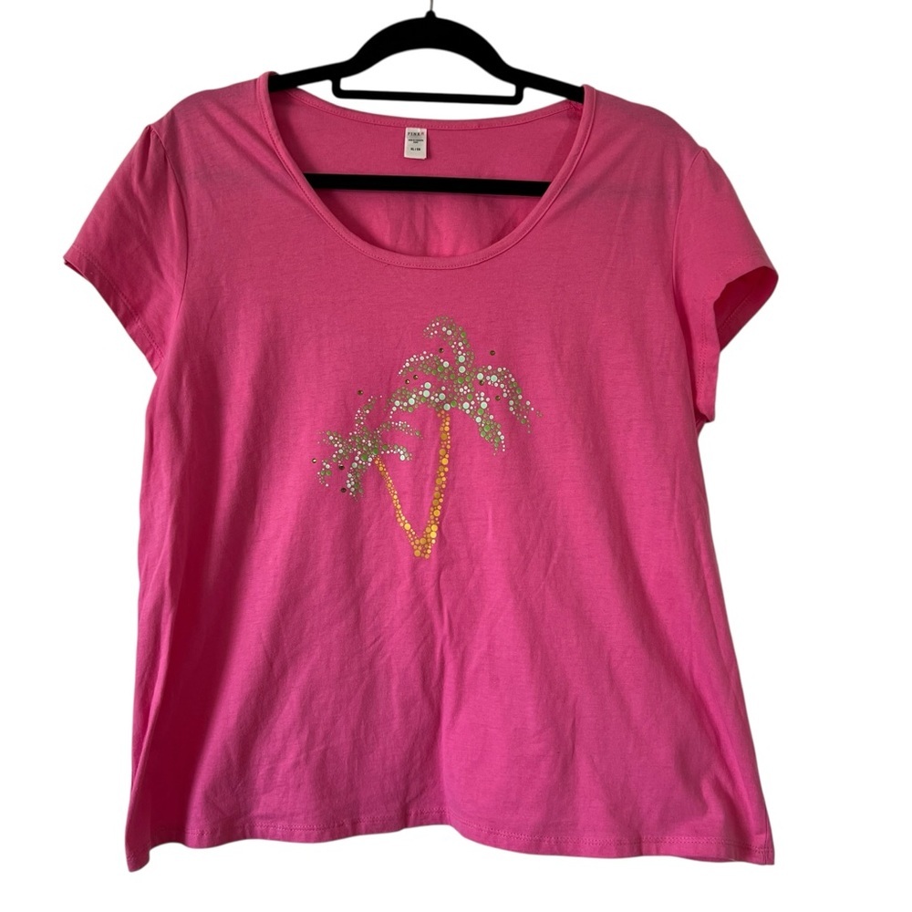 PINK K Palm Tree Graphic Tee Shirt Rhinestone Embellished Tropical Casual XL - Picture 2 of 6